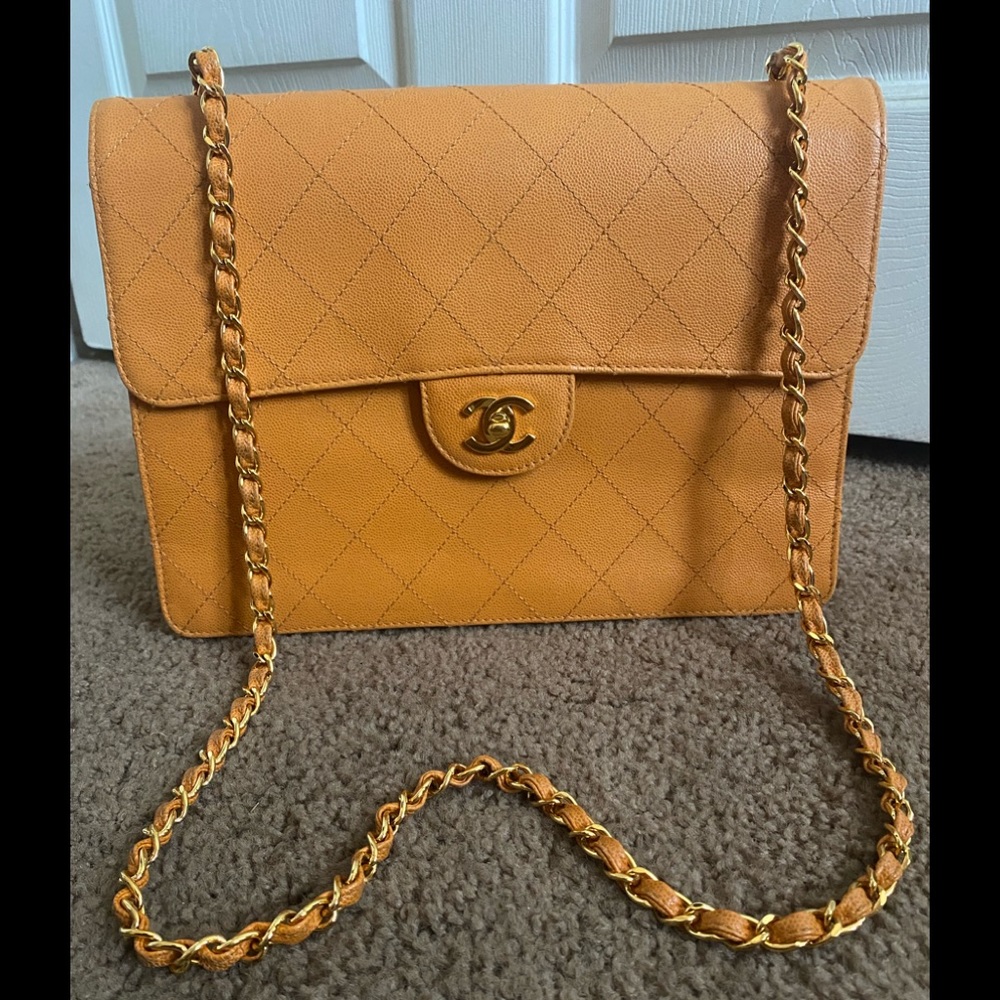Chanel Around 1998 Made Soft Caviar Skin Classic Flap Chain Bag Lime Yellow